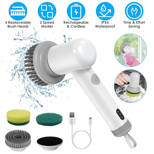 1Set Electric Handheld Spin Scrubber Cordless Cleaning Brush With 2
