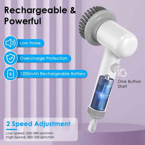1Set Electric Handheld Spin Scrubber Cordless Cleaning Brush With 2