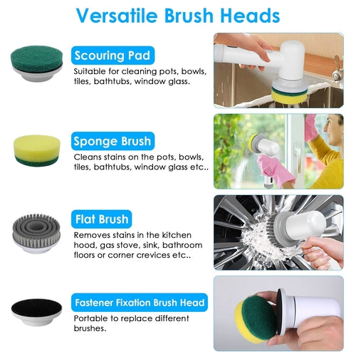 1Set Electric Handheld Spin Scrubber Cordless Cleaning Brush With 2